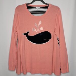 Crown & Ivy Women's L Whale Print Sweater Long Sleeve Nautical Stripes Peach